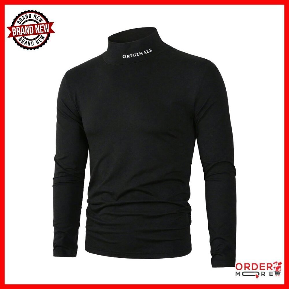 Men's Slim Fit Turtleneck Long Sleeve Tee with Letter Embroidery